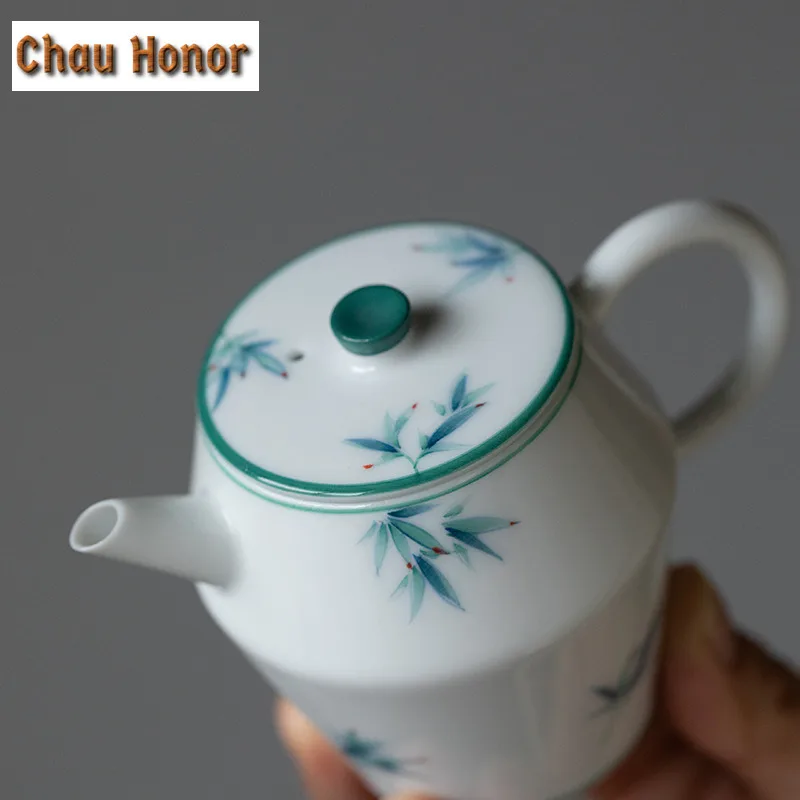 110ml Boutique Pure Hand Painted Green Bamboo Tea Pots White Porcelain Pot Tea Making Kettle With Ball Hole Filter Kungfu Teaset