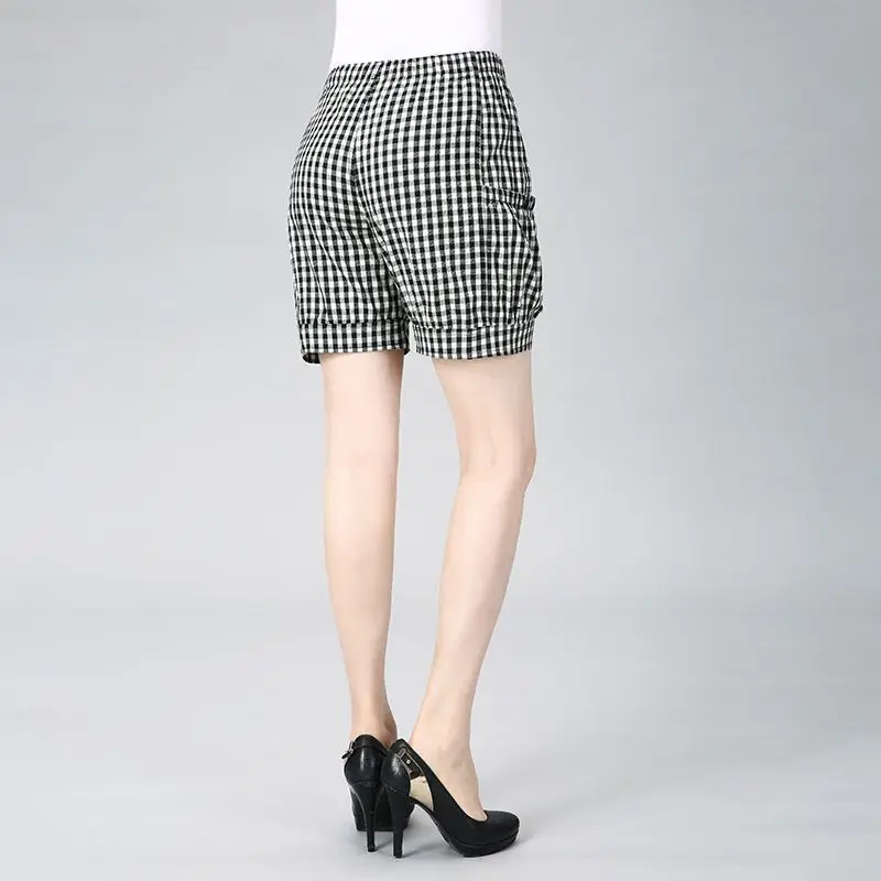 Summer Women Thin Casual Plaid Shorts Korean Fashion Female Clothing Elastic High Waist All-match Cotton Home Loose Daily Pants