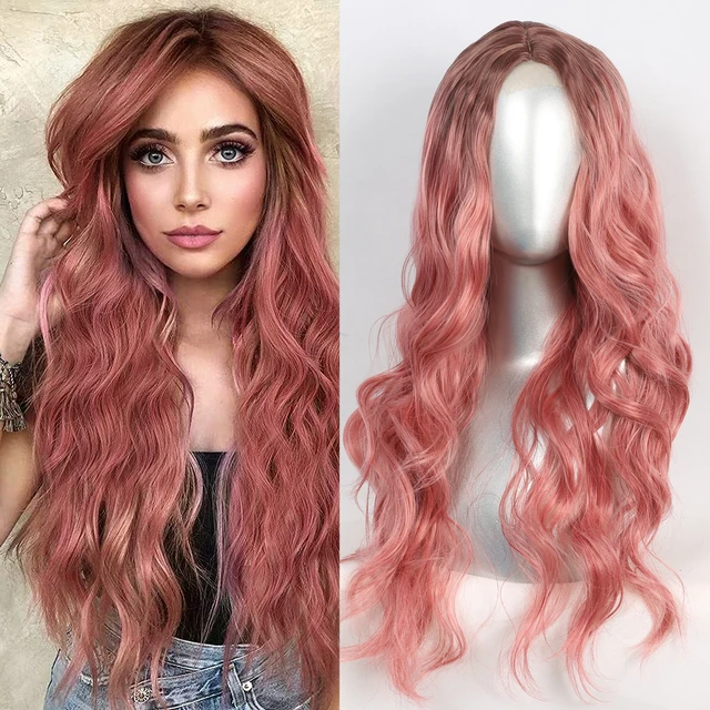 Synthetic Lace  Wigs For  Women  Middle Parting  26inch Long Wavy Hair Cosplay/Daily  3 Color optional   High Temperature Fiber 181-GX1017-PINK