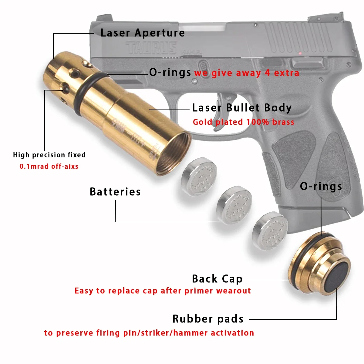 Laser Bore Sight Tactical 9mm Red Dot Laser Training Bore Sight 9x19mm/380ACP/40S&W/223Rem Laser Training Bullet Dry Fire Trainer Cartridge