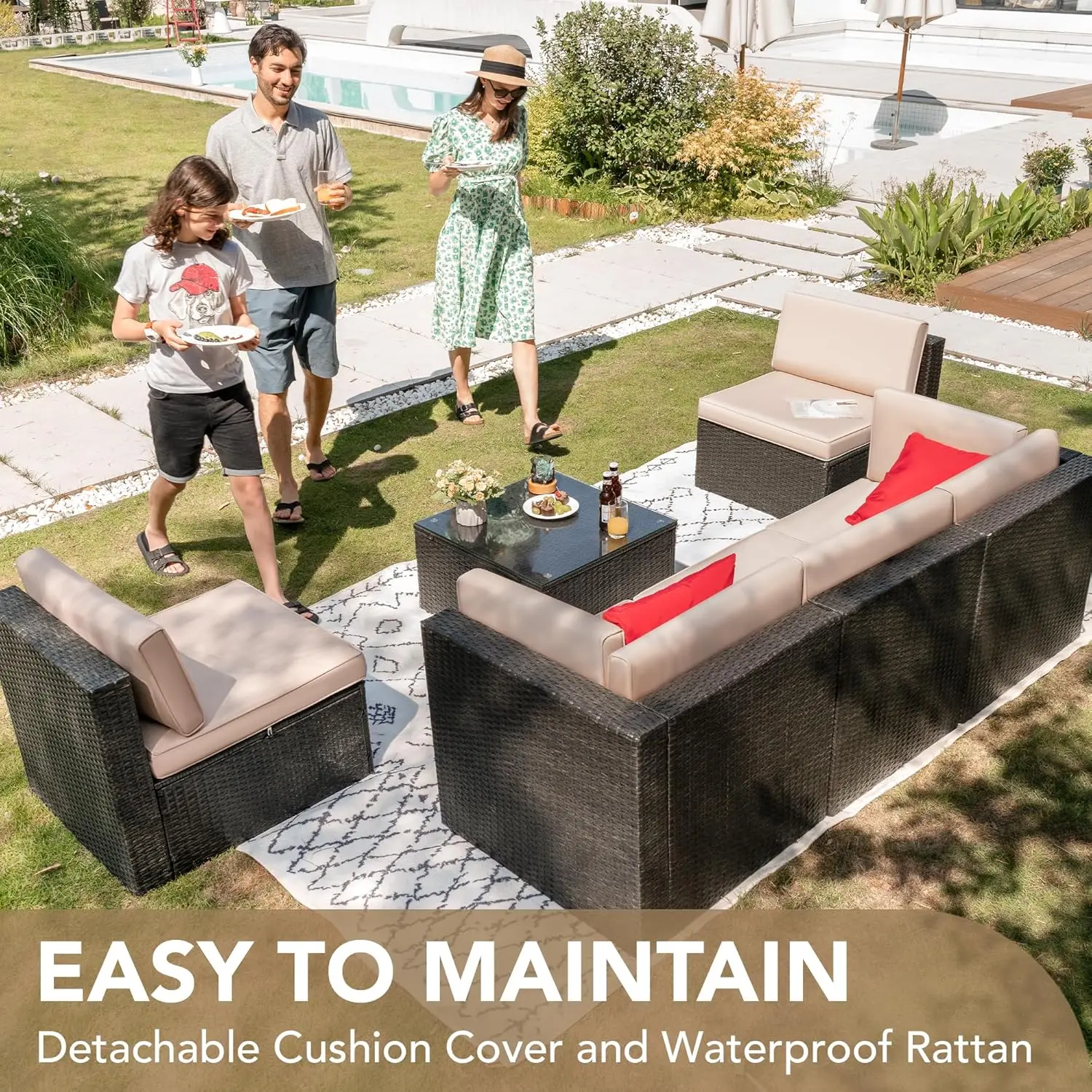 Patio Furniture Sets 6 Pieces Outdoor Sectional Rattan Sofa Manual Weaving Wicker Patio Conversation Set with Glass Table(Beige)