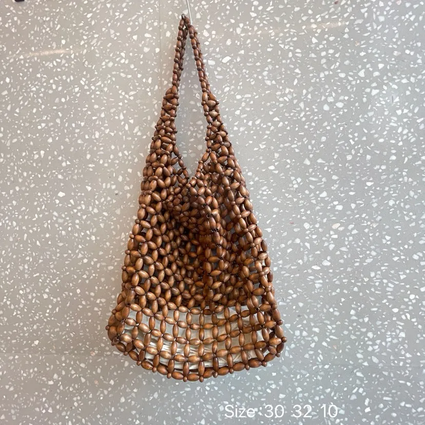 Handmade Wooden Bead Woven Handbag Vintage Double Bamboo Handle Hollow Bucket Bag,Large Capacity Commuting Women Cluth