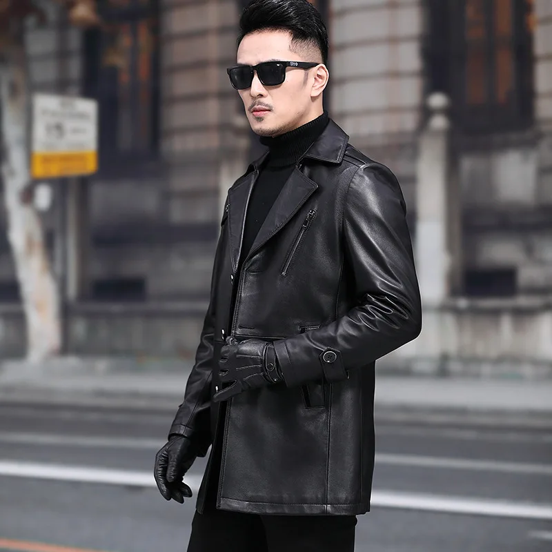 Men's Mid-Length Genuine Leather Sheepskin Coat Trench Cowhide
