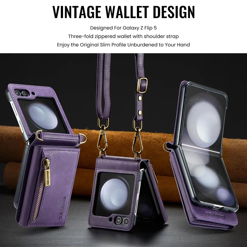 Crossbody Leather Wallet Case with Card Slot and Zipper Lanyard
