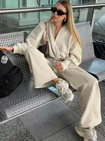 HH Women's 2-piece Retro Solid Color Zipper Bomber Jacket Sweatshirt + High-waisted Lace-up Women's Loose Velvet Pants Suit - Image 2