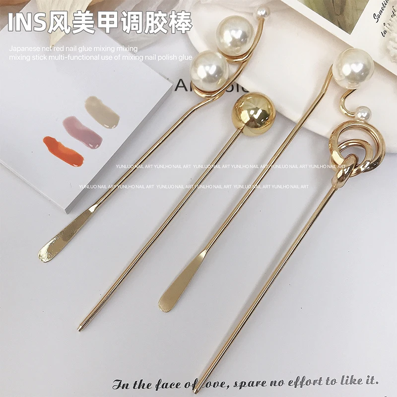 Ins Pearl Nail Glue Mixing Stick Spatula UV Gel Polish Glitter Powder Stirring Spatuler Rod for Canned Glue Manicure Art Tools