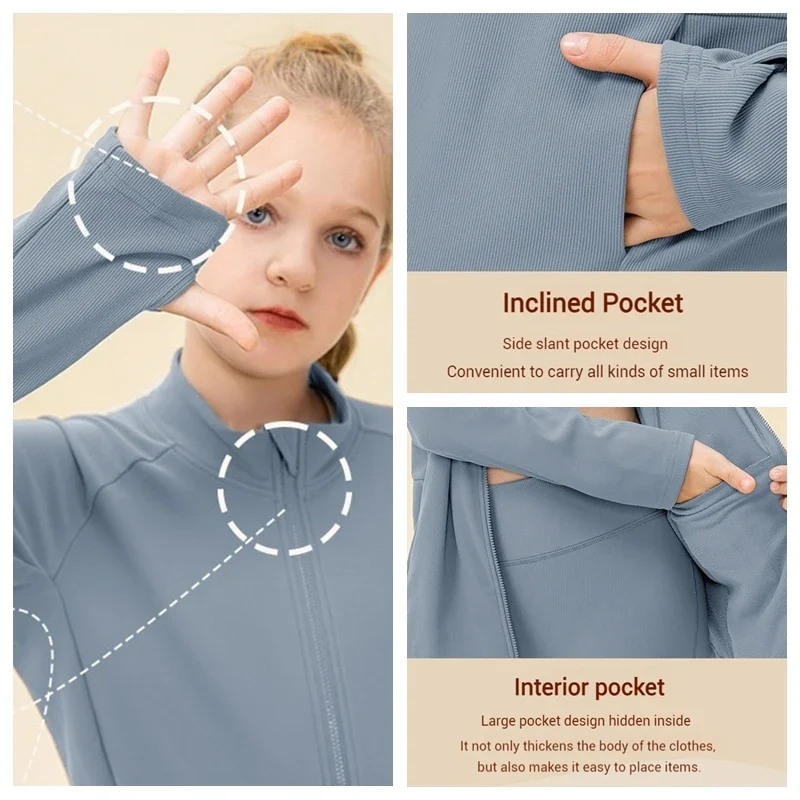 (120-150)Girls Winter Fleece Yoga Dancing Jacket Outdoor Running Fitness Jacket Slim Fit Child Sports Coat Long Sleeve Gym Shirt