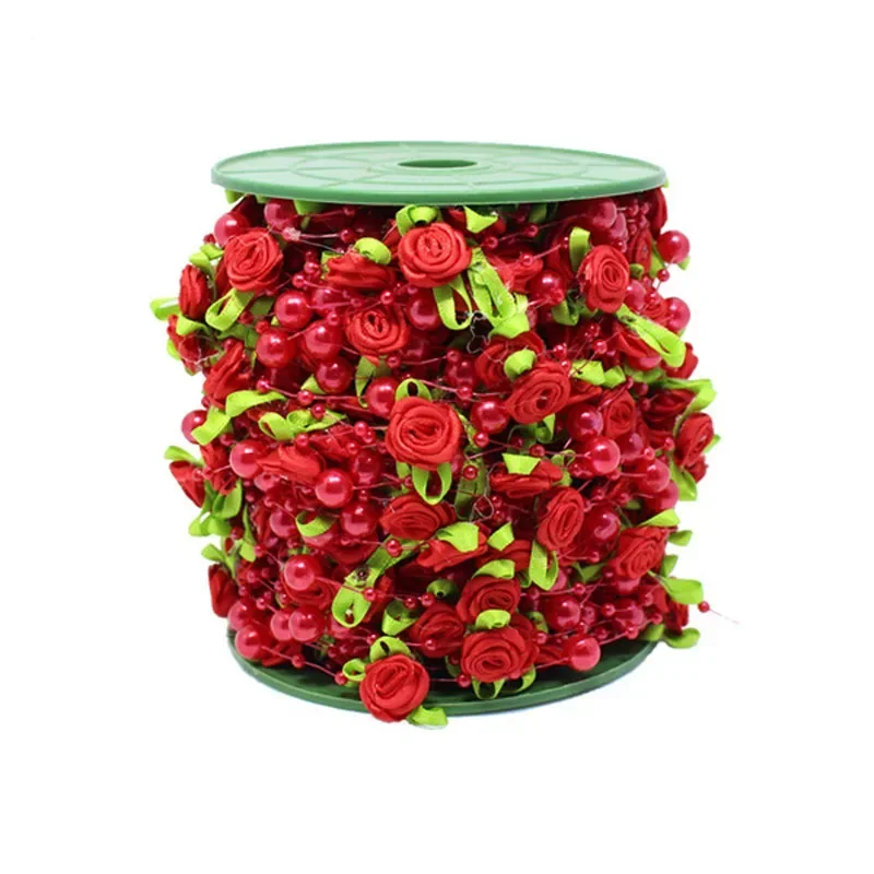 핑크 장미 진주 잎 스트링 구슬 화환 리본, 웨딩 파티 홈 공예 장식, DIY 액세서리 선물 포장, 2M