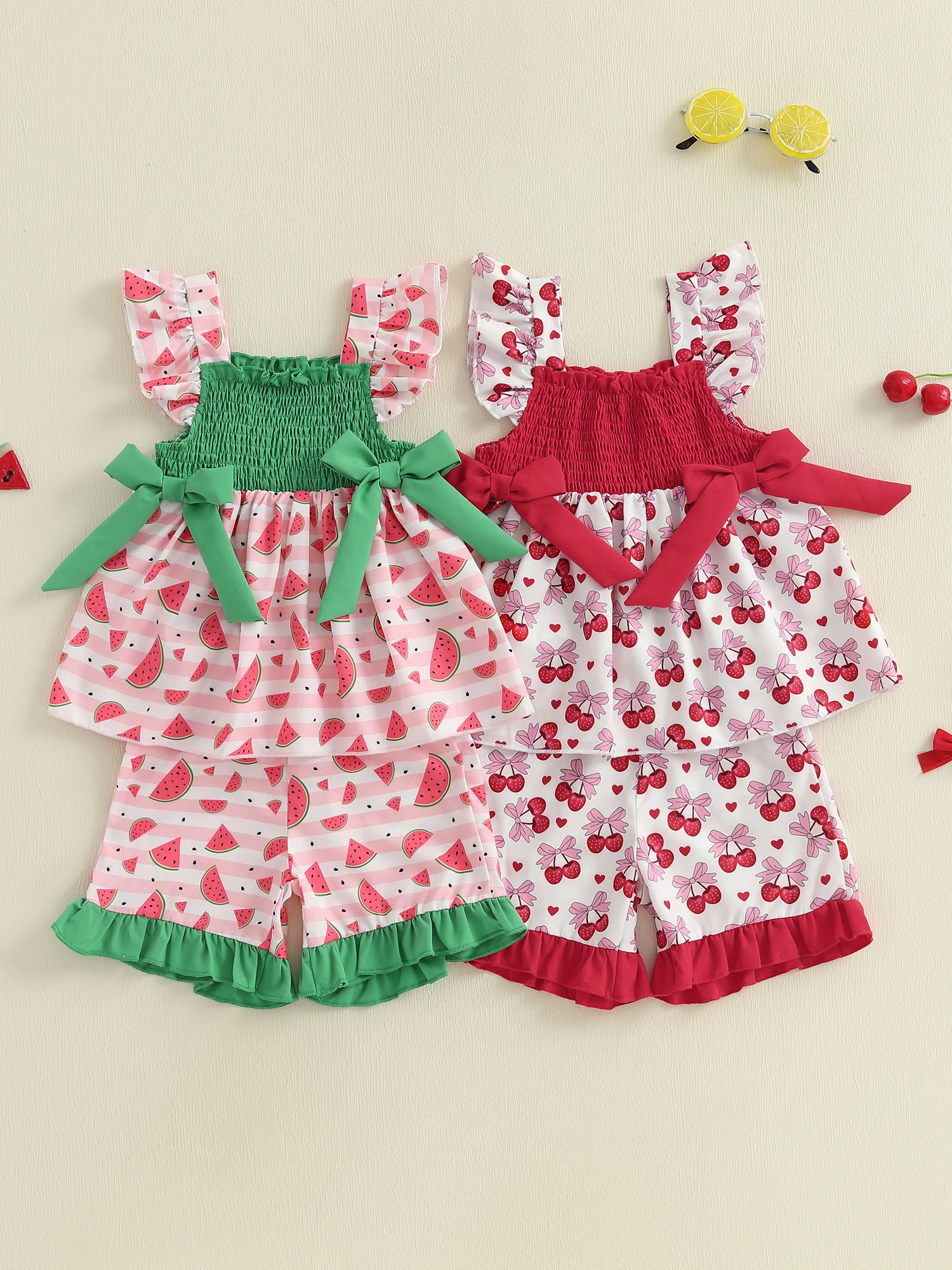 Description Picture 3 of itemBaby Girls Summer Outfits Watermelon Cherry Print Fly Sleeve Tops and Elastic Shorts Set Fashion Cute Clothes