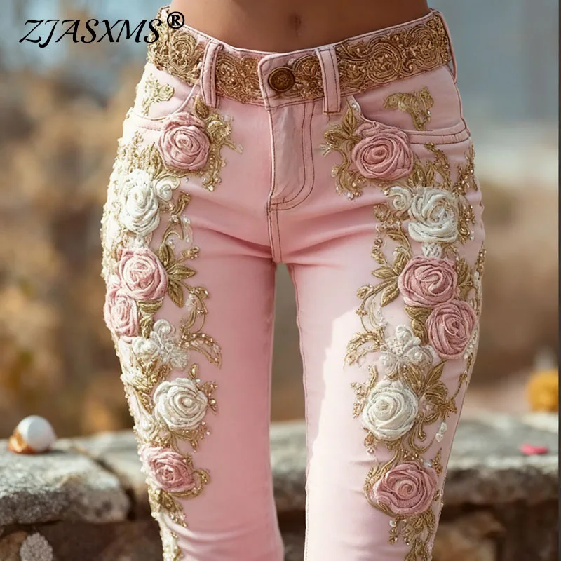 Jean romantique imprimé fleur Rose, Vintage, élégant, boutonné, pantalon pour femme, taille haute, Slim, Chic, Harajuku, automne