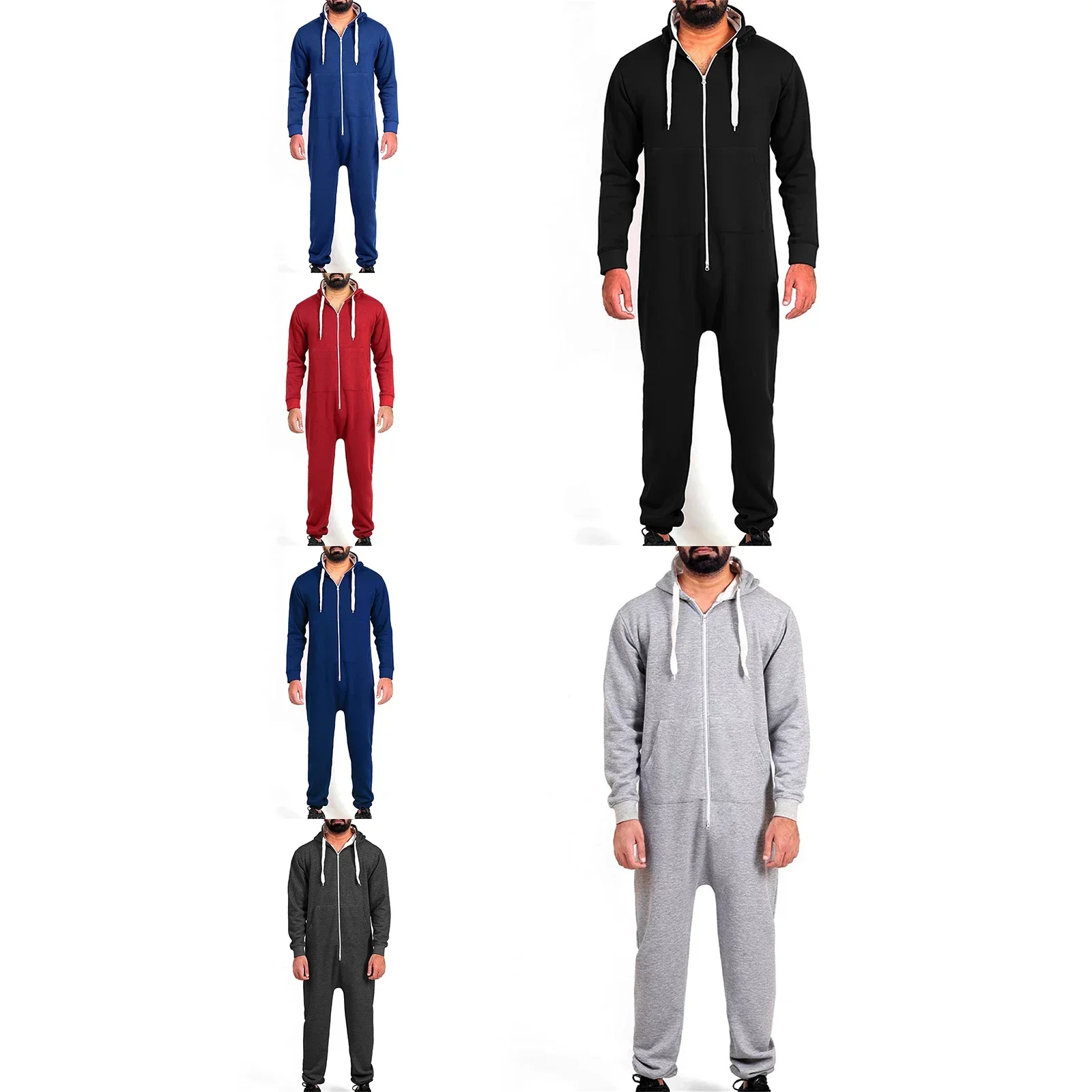 Men Hooded Jumpsuit Long Sleeve Zip-up Pajamas Sleepwear Loungewear with Pockets