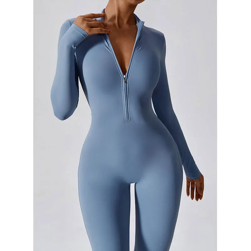 Saashi Women's Half Zipper Backless Gym Bodysuit Push Up Scrunch Yoga Jumpsuit.