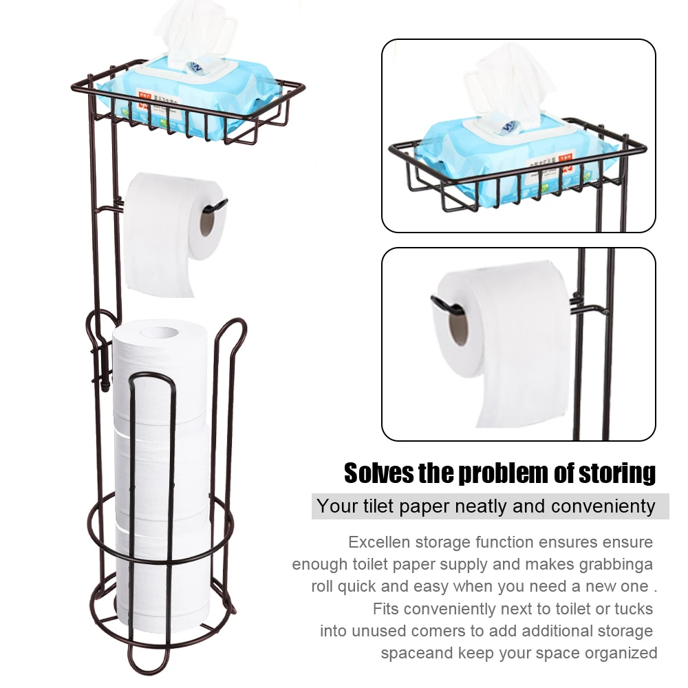 Toilet Paper Holder With Bamboo Top Shelf, Freestanding Black Toilet Paper  Stand, Floor Standing Tissue Paper Rack, Holds Up To 4 Spare Rolls