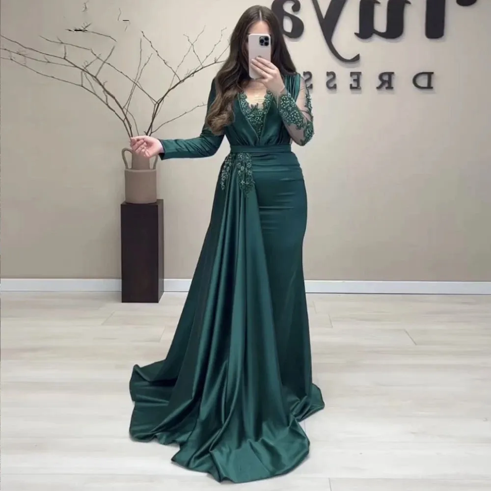 

Hunter Green Formal Occasion Evening Dresses 2023 Long Sleeves Satin Mermaid Prom Gowns Appliques Beaded Wedding Guest Party
