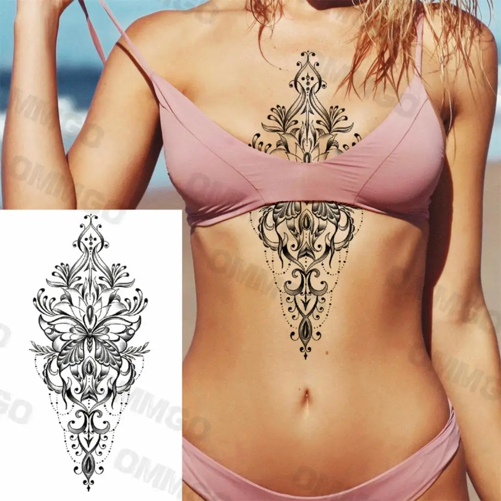 3D Black Mandala Moon Pendant Temporary Tattoos For Women Adult Girl Lotus Rose Flower Fake Tattoo Back Arm Chest Washable Tatoo