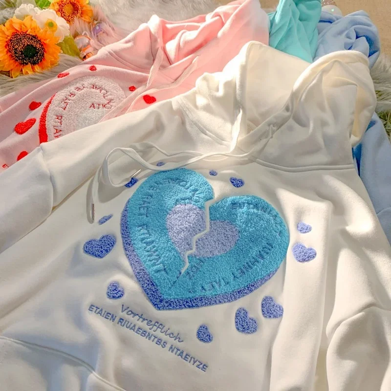 Cute Love Heart Embroidery Pink Tops Hoodies Winter Pullover Women 2024 New Streetwear Harajuku Teens Clothes Ins Korean Fashion