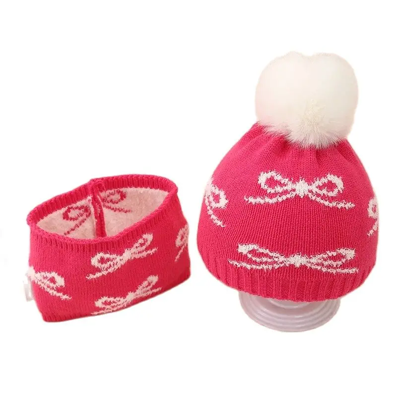 Winter Baby Hat Scarf Two-piece Set Jacquard Bows Plush Warm Suit Newborn Infant Woolen Hat Cute Baby Pompom 0-12months