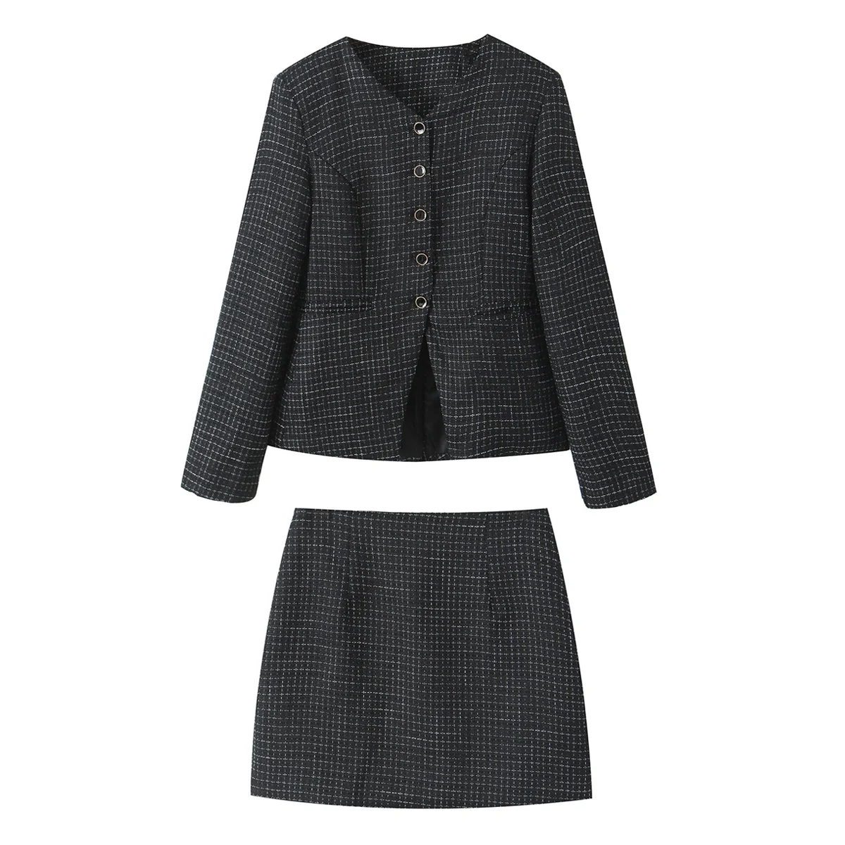 French Style Retro V collar Plaid Woven Tweed Blazer + High Waist Mini Short Skirts Suits 2 pieces 1 Set Black White