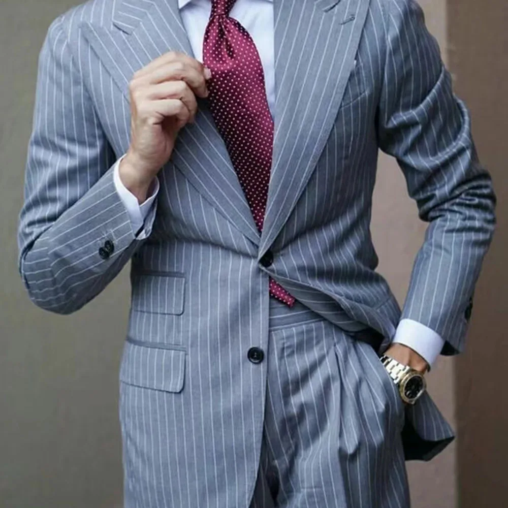 Chic Striped Men Suits Business Office Casual Formal Outfits Slim Fashion Peaked Lapel Single Breasted Male Suit Two Piece
