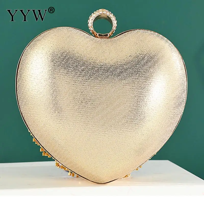 Luxury Bling Rhinestone Evening Handbag Women Love Heart Shape Diamond Ring Clutch Bag with Tassel Metal Chain Lady Party Purse