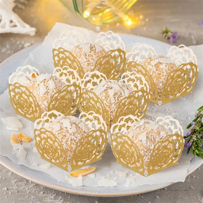 

50pcs Chocolate Paper Packing Separating Trays Hollow Rose Lace Wrapping Paper Candy Cups Dessert Cups for Wedding Party Favors