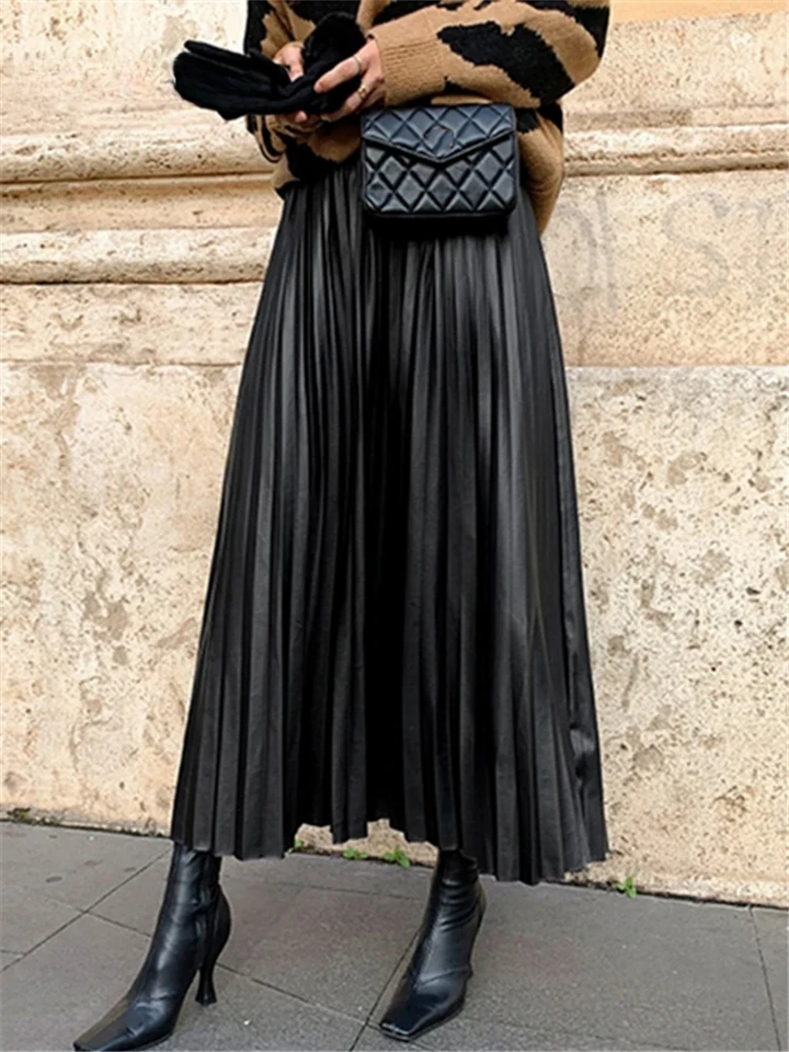 Black High Waist Pleated A-Line Skirt for Women