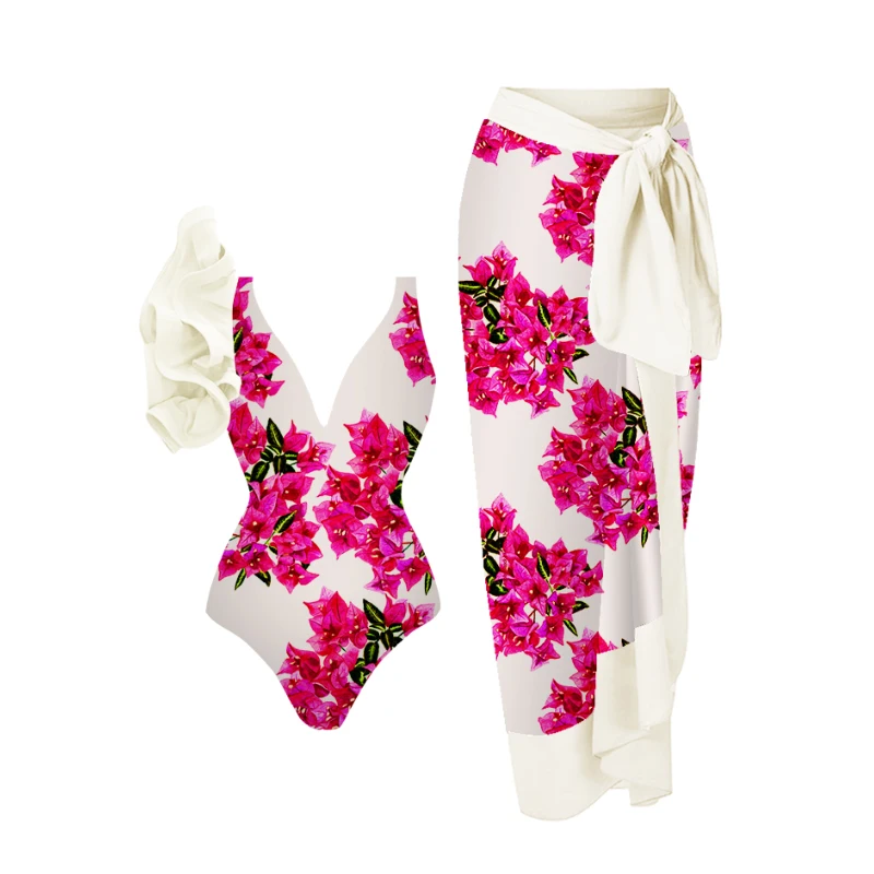 2023 Flower Printed Swimwear Ruffle Design One Piece Swimsuit and Strappy Skirt Retro Beachwear Cover Up Bathing Suit Smock