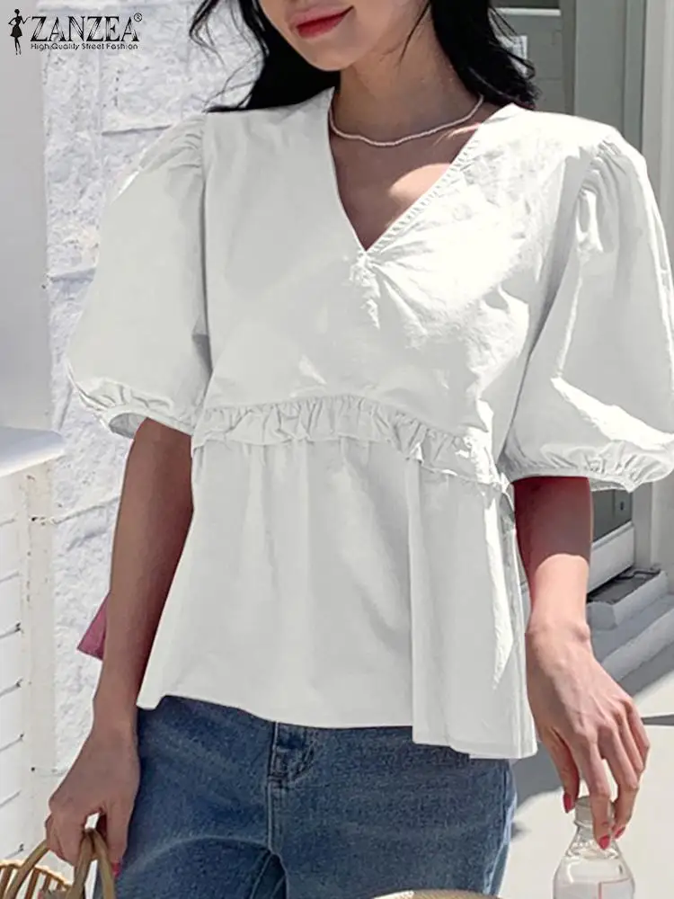 Casual Women Blouse 2022 ZANZEA Fashion Summer Puff Sleeve Peplum Shirts Korean Style Elegant Pleats Tunic Sweet V Neck Tops