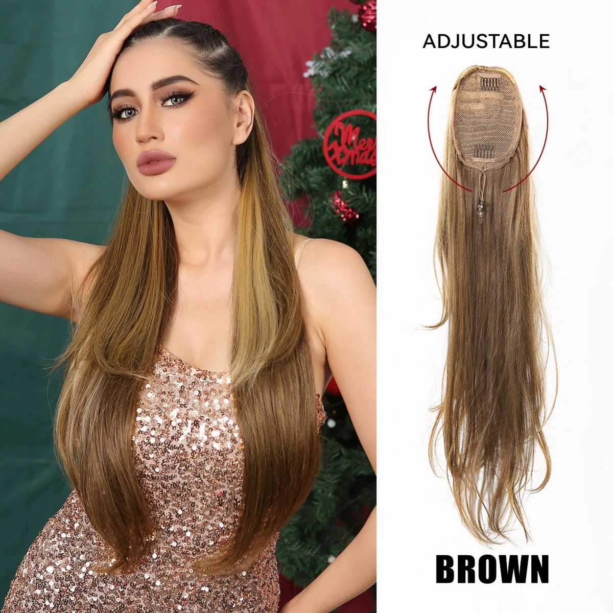 

Long Wavy Daily Extension Ponytails Brown Highlight Natural Wraping Synthetic Fake Hair for Women Christmas Party Soft Pony Tail