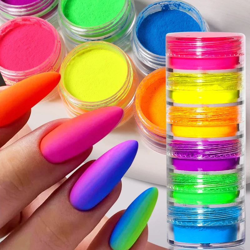 6Box/Set Neon Phosphor Pigment Powder Fluorescent Nail Glitter Set Shinny Ombre Chrome Dust DIY Gel Polish Manicure Nails Art