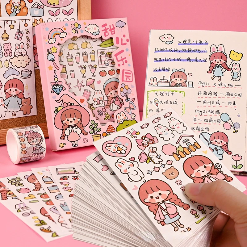 

50 Pieces of Paper Stickers, Hand Account Gift Box, Cartoon Character, Girl Heart Material, Sticker DIY Decorative Small Pattern