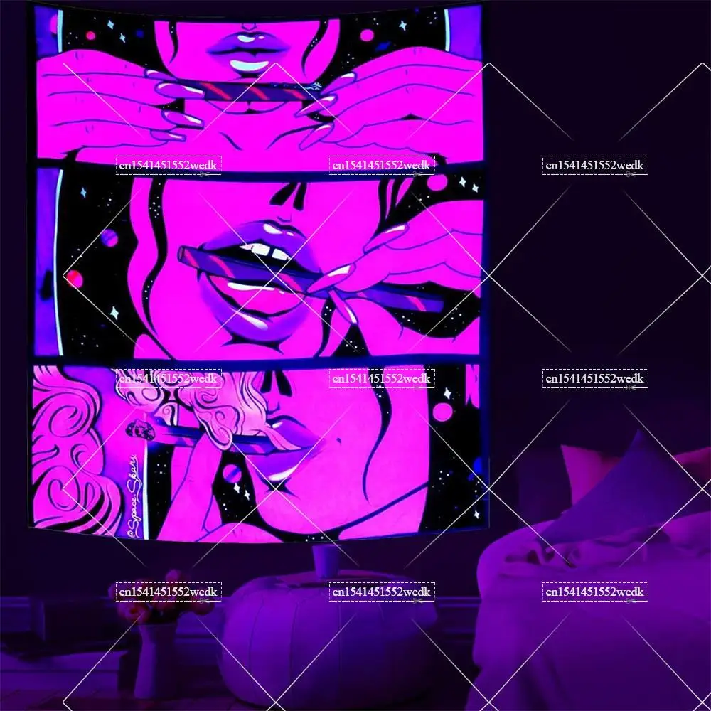Tapestry Decorations Trippy Girl Blacklight Tapestry UV Reactive Wall Hanging Living Room Decor Decoration Smoking Tapestries Aesthetic Sofa Blankets