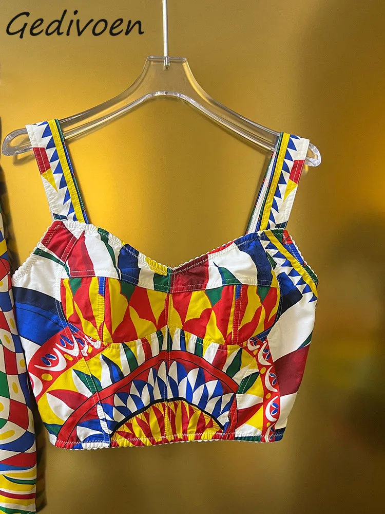 

Gedivoen летние модные дизайнерские винтажные Короткие жилеты на бретельках с принтом топы женская уличная одежда с квадратным воротником эластичные Короткие жилеты