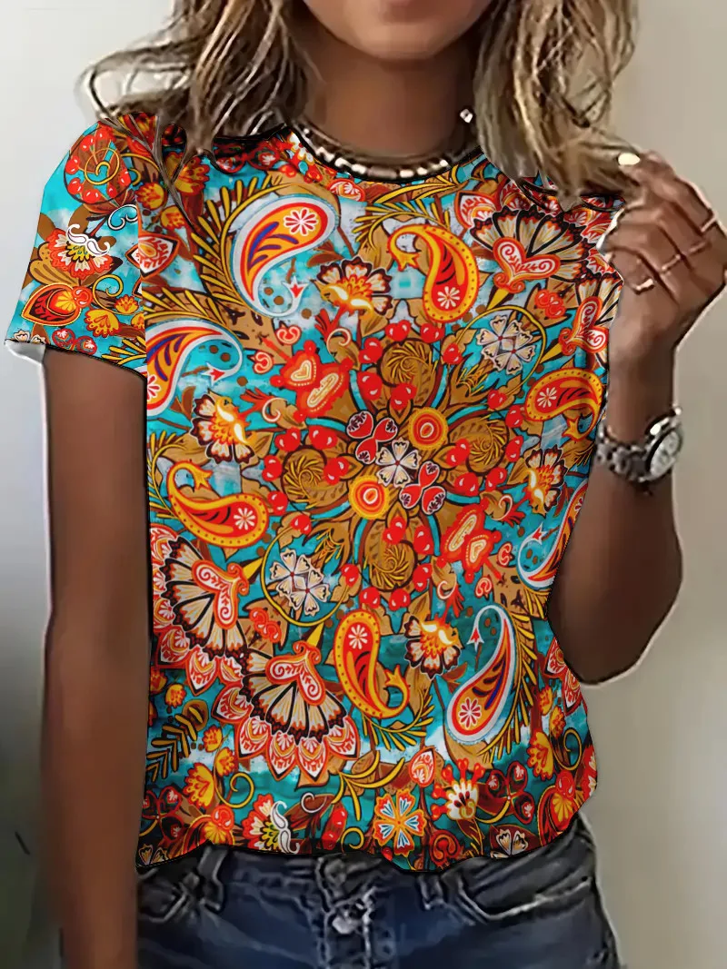 

Minimalist Flower Print Women T-shirt Fashion Y2K Short Sleeves Tees Tops Street Casual Pullover For Loose Women Clothing Summer