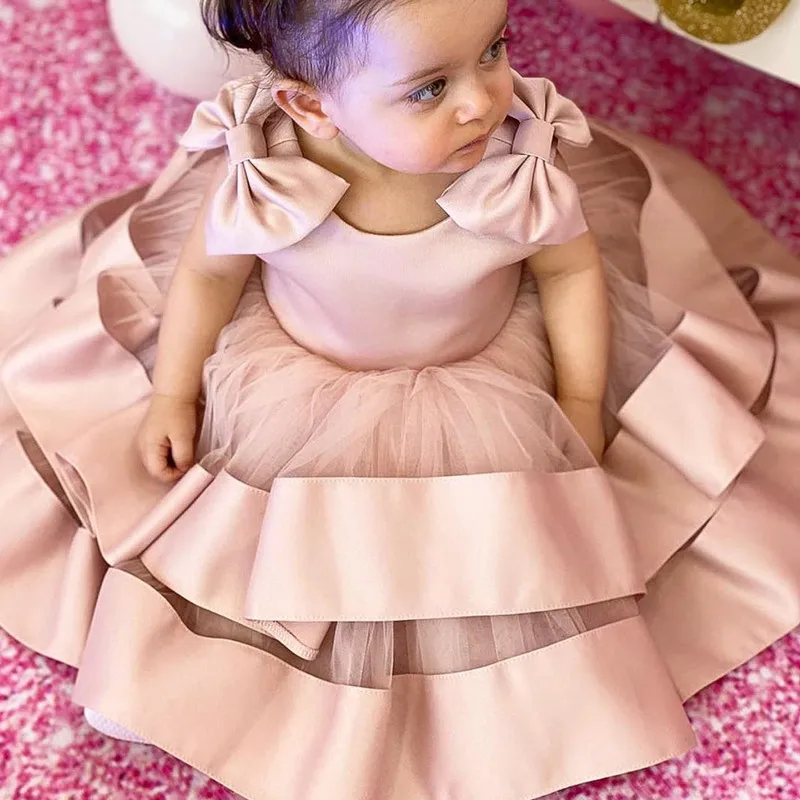 

2024 Flower Girl Princess Ball Gowns for Baby Girls Children Sleeveless Beading Layered Dress Infant 1st Birthday Party Clothes
