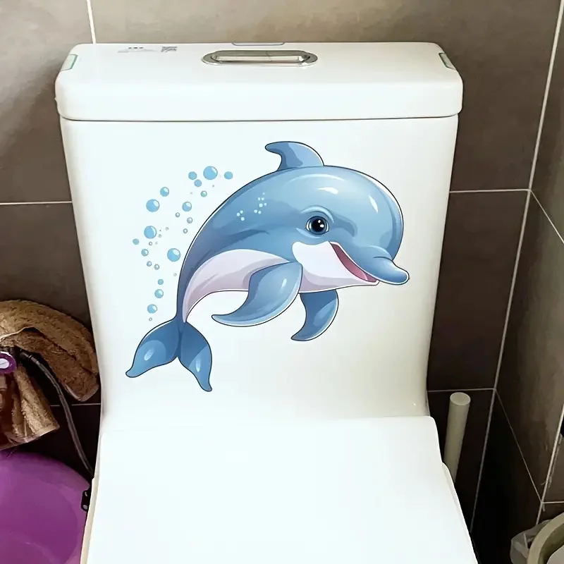 Blue Dolphin Self-Adhesive Removable Reusable PVC Wall Decal for Toilet Lid Bathroom Decor