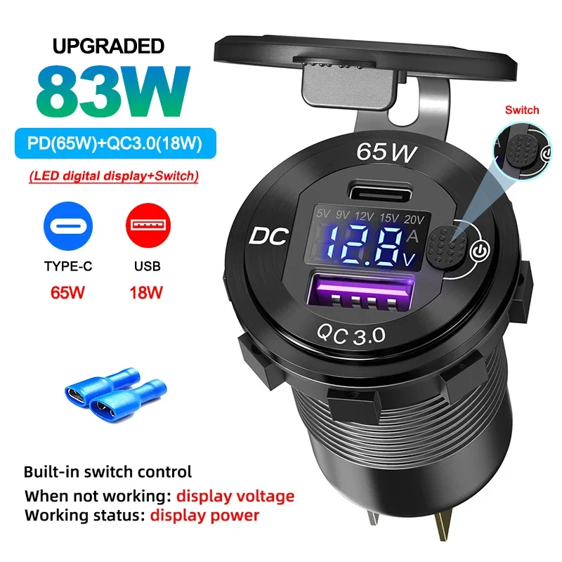 High-Speed 83W USB C Car Charger with LED Display & Power Switch