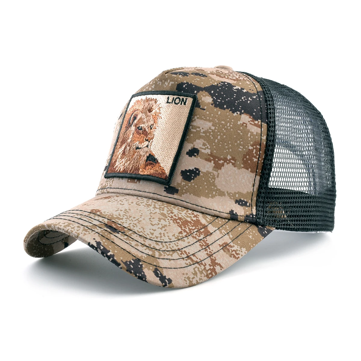 Camouflage Trucker Cap With Embroidery Lion Patch Snapback Baseball Cap For Men