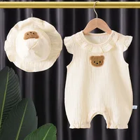 2Pcs Baby Summer Jumpsuits Hat Set Bear Muslin Newborn Romper for Boys Girls Clothes Toddler Onesie Infant Outfit Clothing 2