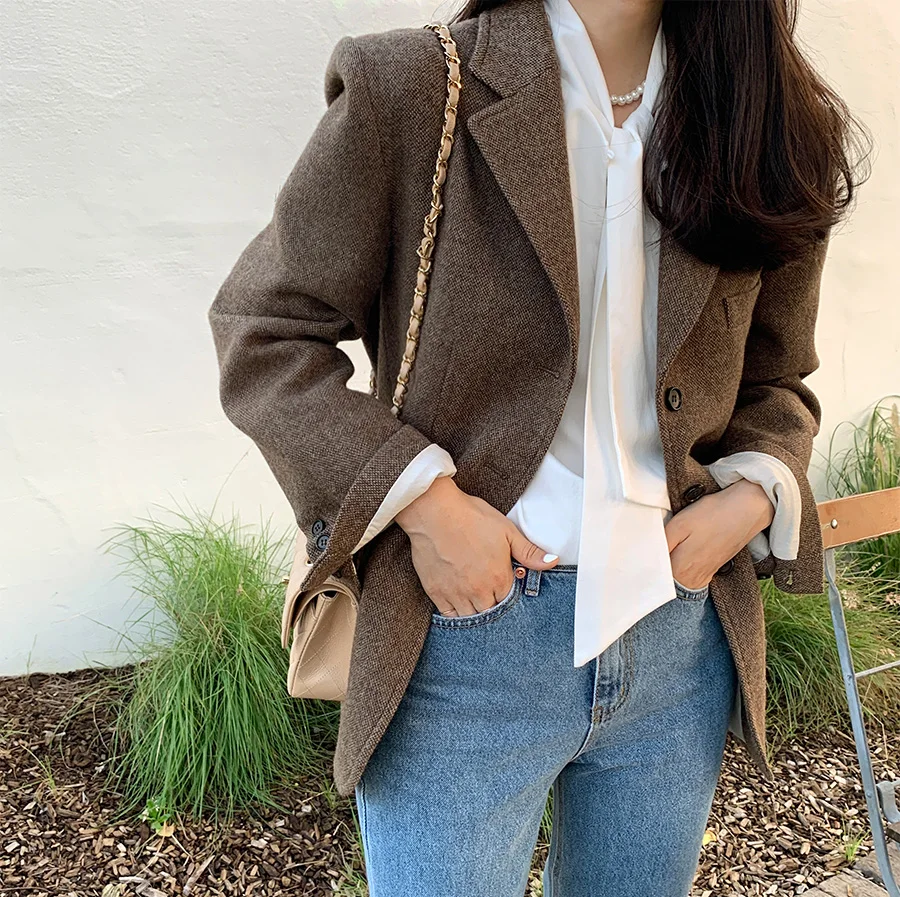 2023 Winter Fashion New Women Casaul Blazer Woolen Solid Color Deisgn Long Sleeves Hot Sell Lady Jacket