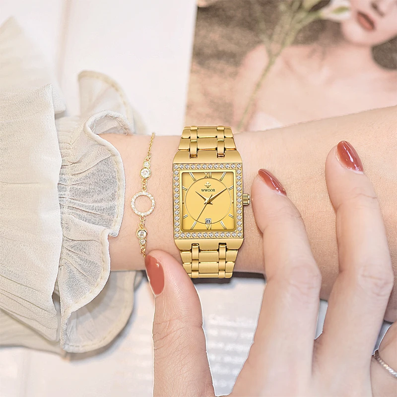 WWOOR Elegant Diamond Women's Watches Top Luxury Brand Original Quartz Ladies Wristwatch Waterproof Steel Watch For Women Reloj