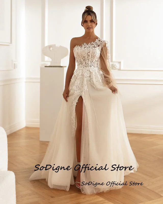 SoDigne A-line Tulle Appliques Wedding Dresses One Shloudler Split Bridal Dress Long Wedding Gown Robe De Mairee Customized 12 S09d94dfc777149399f63a65ad3d1d67dU