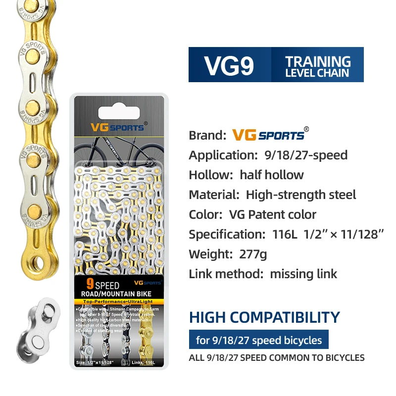 VG Sports 8 9 10 11 12Gang Ultraleichte Fahrradkette EL Halbhohlkette 8s 9s 10s 11s 12s 116L/126L Mountain Road Bike Ketten – Detail 3