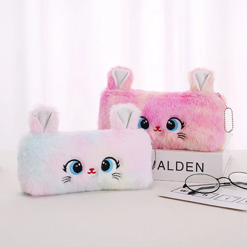 Pink kitten plush pen pouch cute stationery storage creative money bag school bag pendant fashion personality pouch