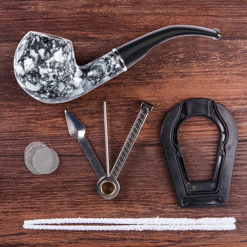 

Resin Tobacco Pipe Marbling Protable Resin Wood Smoking Pipe Tobacco Herb Pipe Filter Bent Type With Box CF702