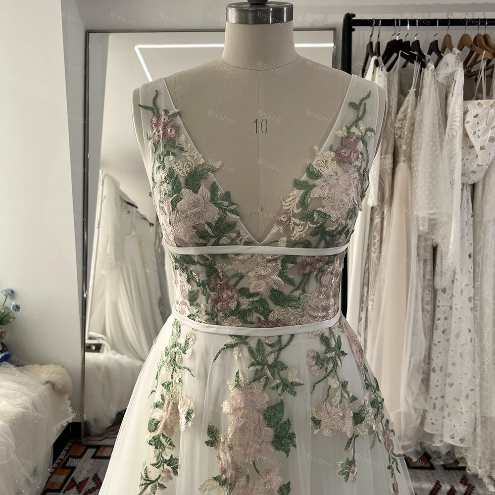 Mryarce 2024 Colorful Embroidery Lace Flowy Wedding Dresses Sleeveless A Line Open Back Bridal Gowns 3