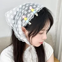 Retro Sweet Flower Triangle Hair Scarf Women Square Scarf Headband Korean French Pastoral Headdress Girls Summer Lace Headwear - Image 2