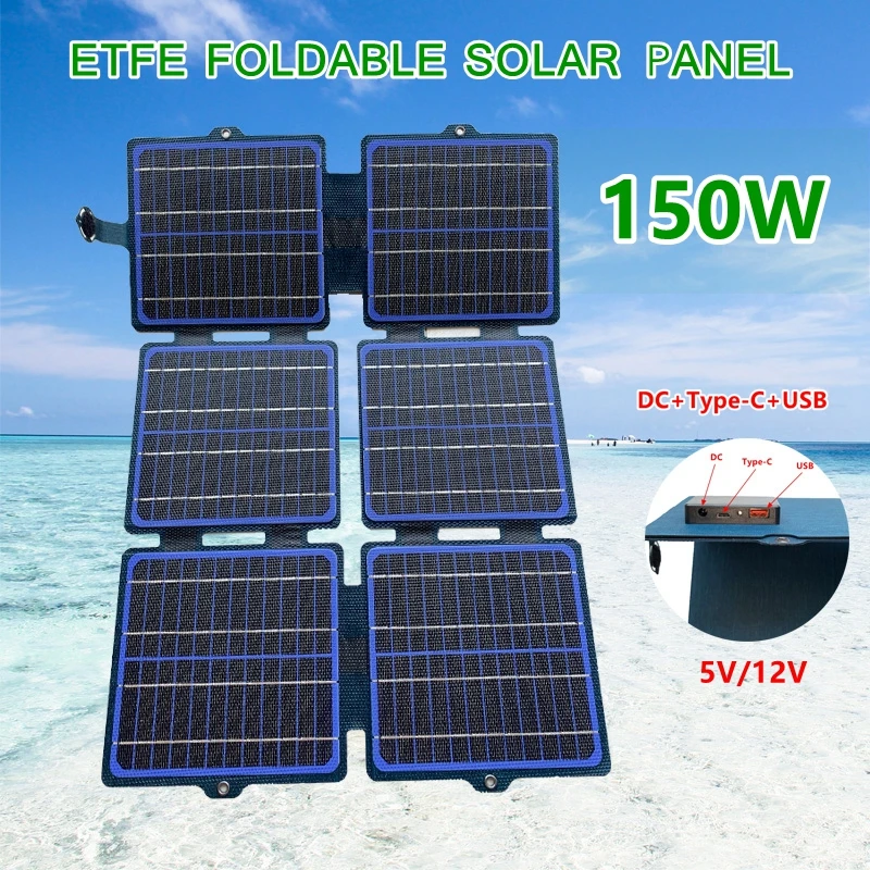 

150W Solar Panel ETFE 5V/12V Waterproof Foldable Solar Charger Portable Mobile Power USB+Type-C+DC for Outdoor Camping Hiking