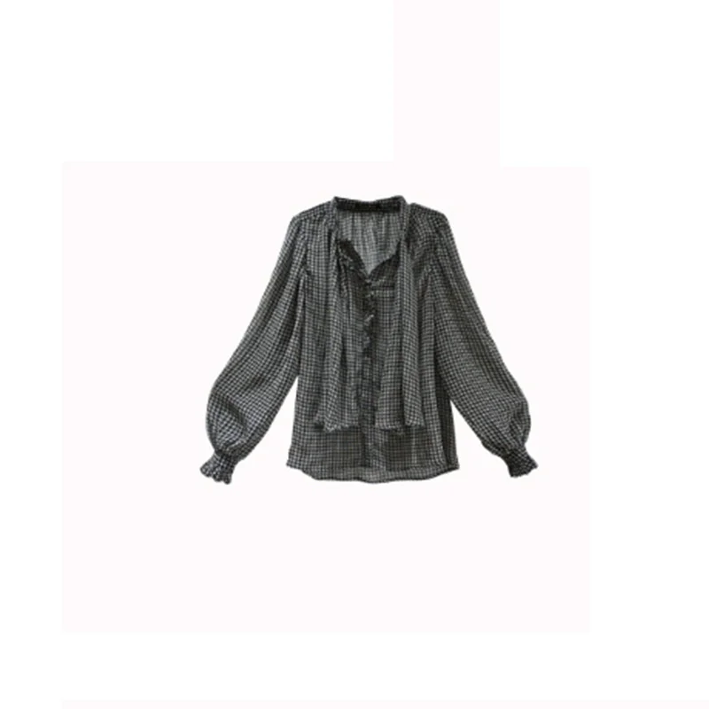 

Autumn/winter 2020 New Houndstooth Shirt Female Design Sense Niche Retro All-match Careful Machine Bubble Sleeve Top