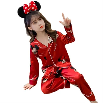 미키 마우스 어린이 잠옷 세트, 머리띠 포함, 용수철 가을, 아이스 실크, 얇은 소녀, 레드, 나탈년, 새해, 가정 의류, 3 개